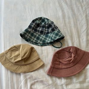 bucket hat set of three with plaid teal blue adjustable hat and corduroy pattern
